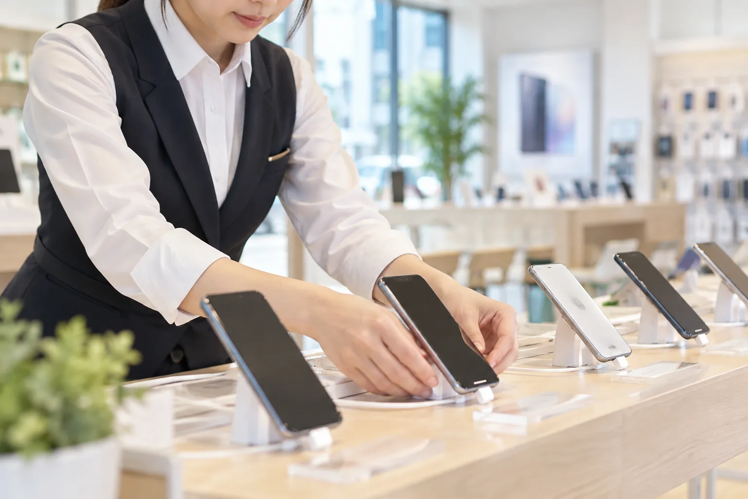 店頭でスマートフォンを並べるスタッフ