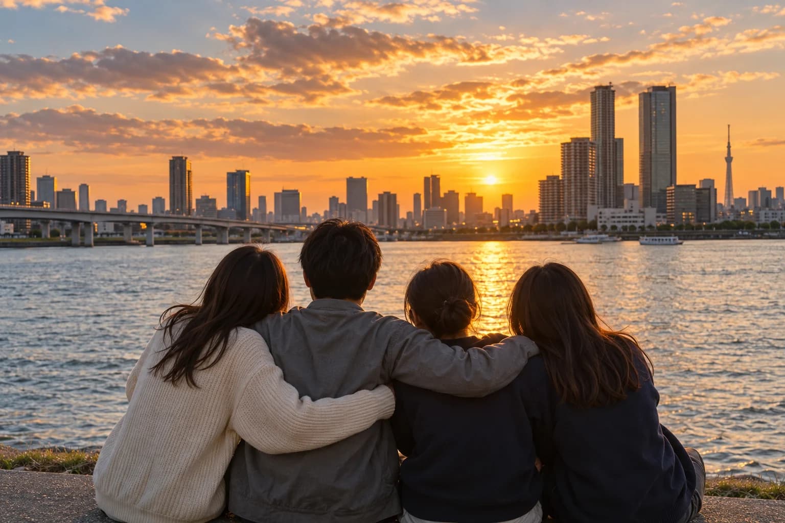 夕方の水辺で肩を寄せ合う仲間の背中