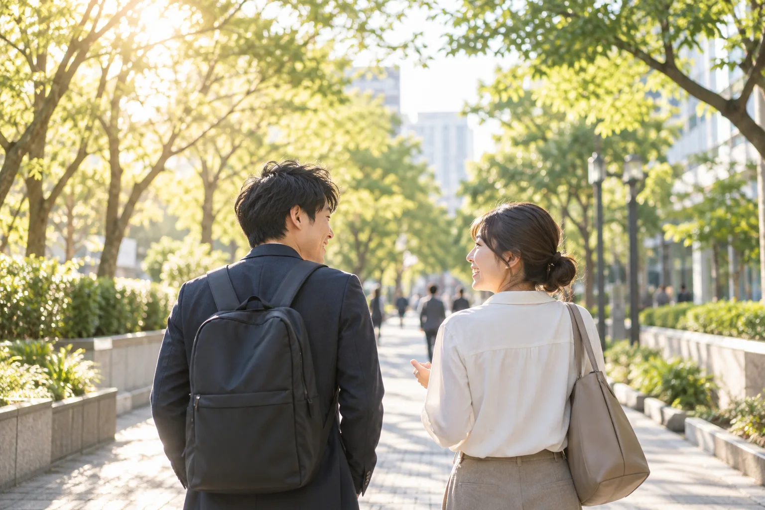 木々のある街を一緒に歩き出す二人