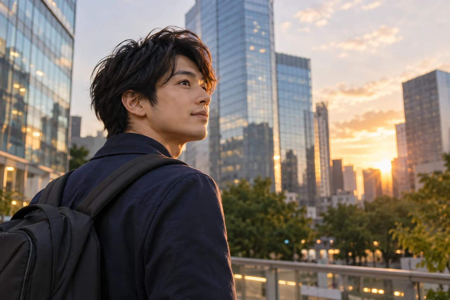 夕方の街で前を向く青年
