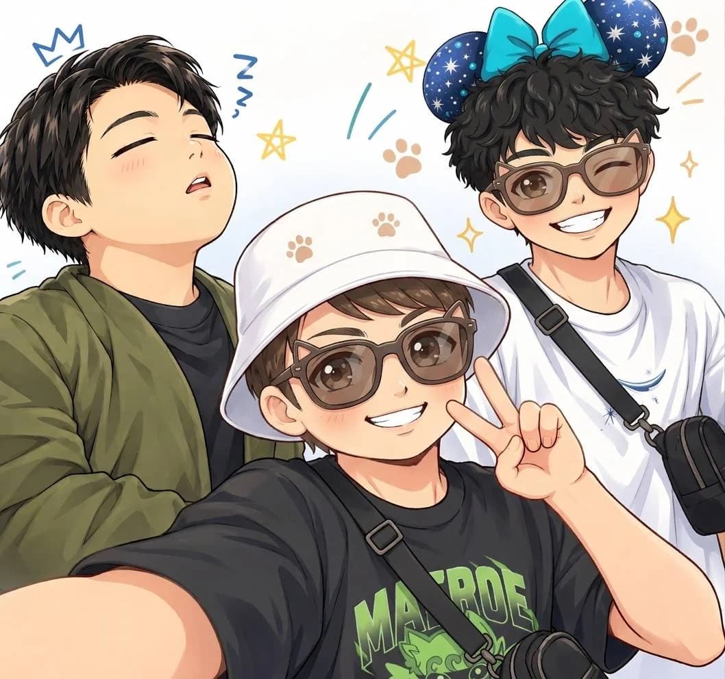 笑顔で自撮りする3人の仲間のイラスト