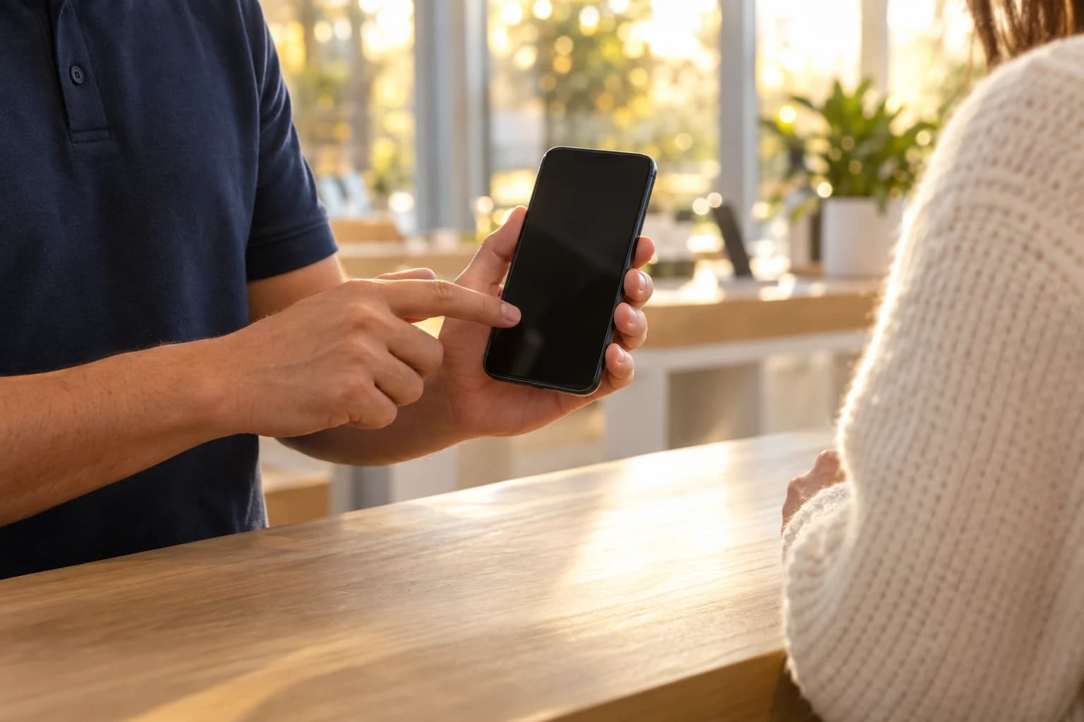 店頭でスマートフォンの操作を説明する手元