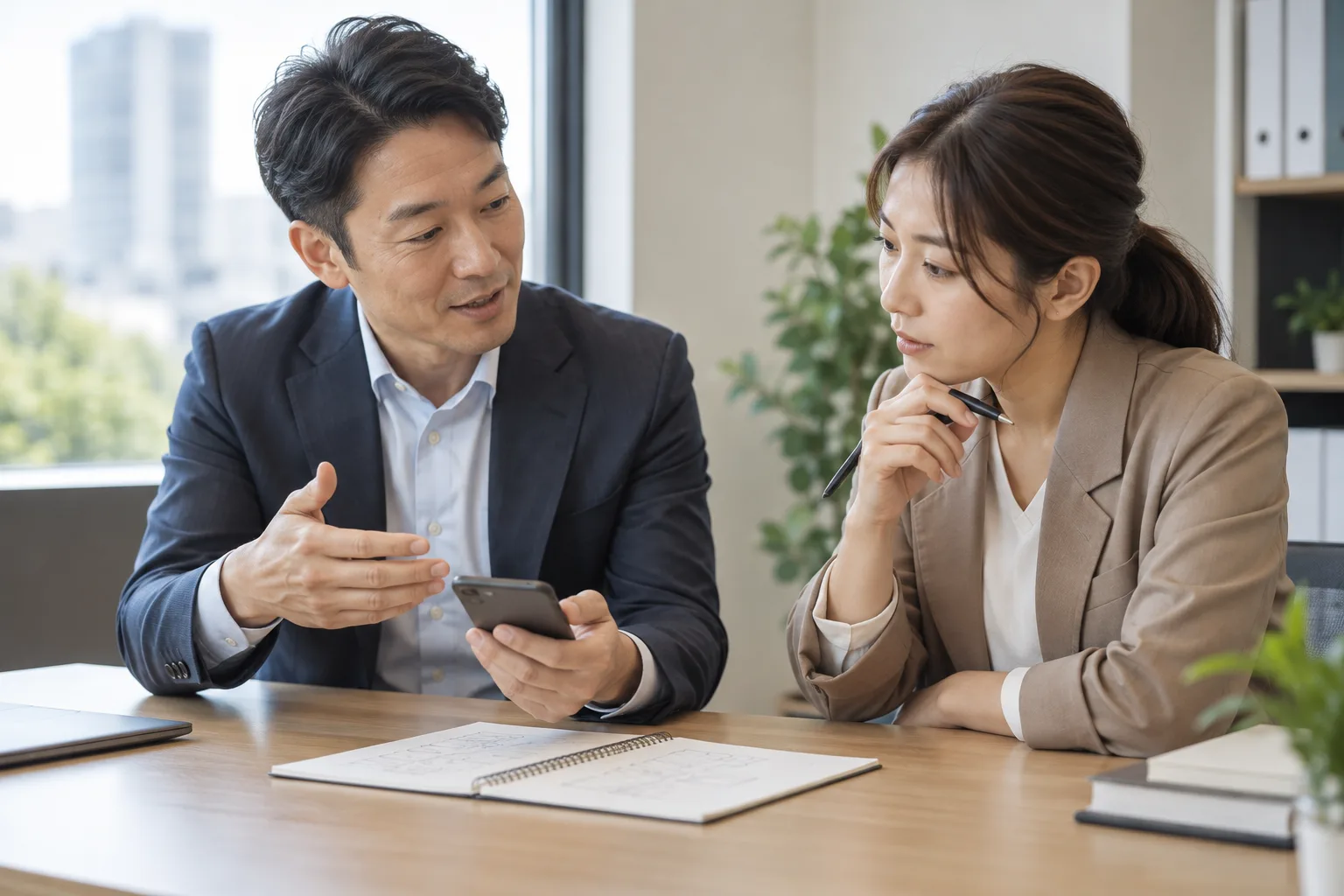 先輩から営業の進め方を学ぶスタッフ