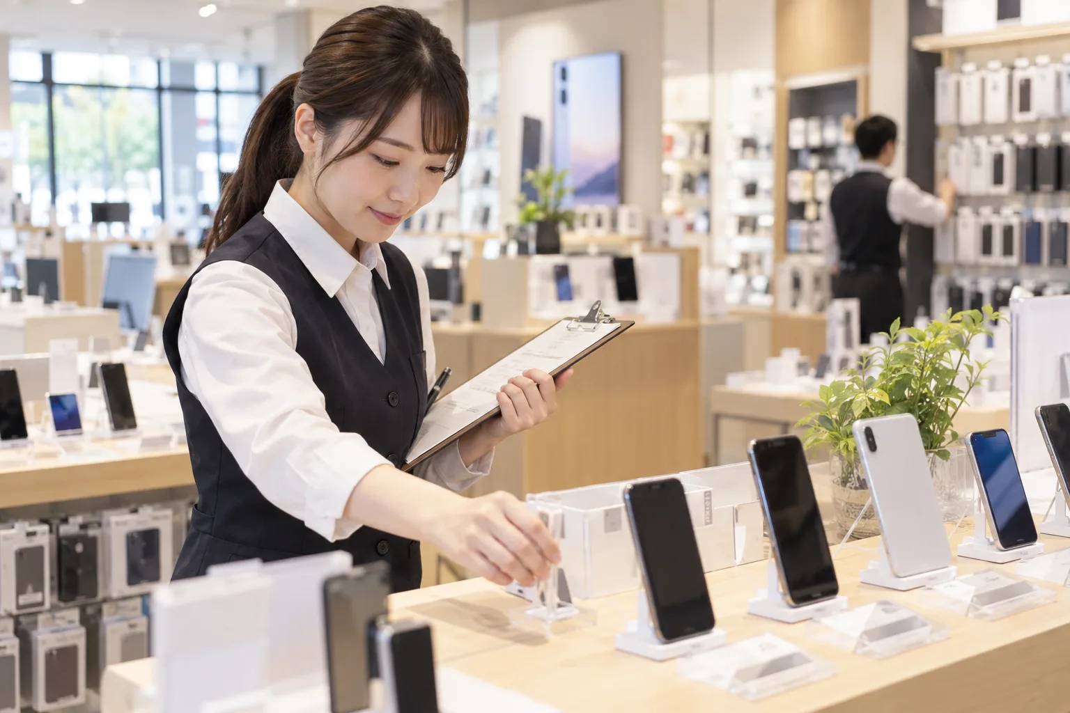開店前にスマートフォンの展示を準備するスタッフ