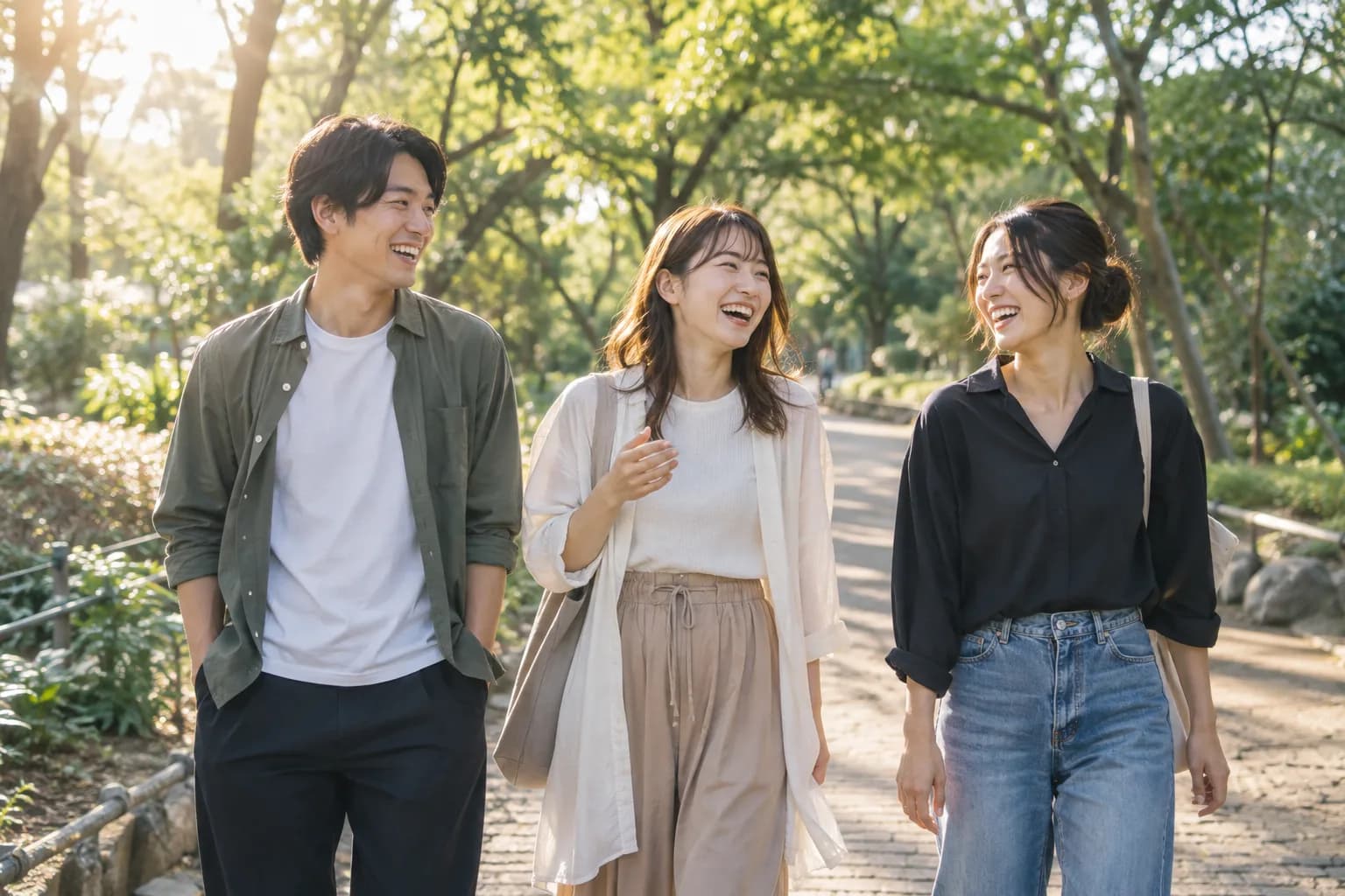 緑の公園を歩きながら談笑する仲間たち