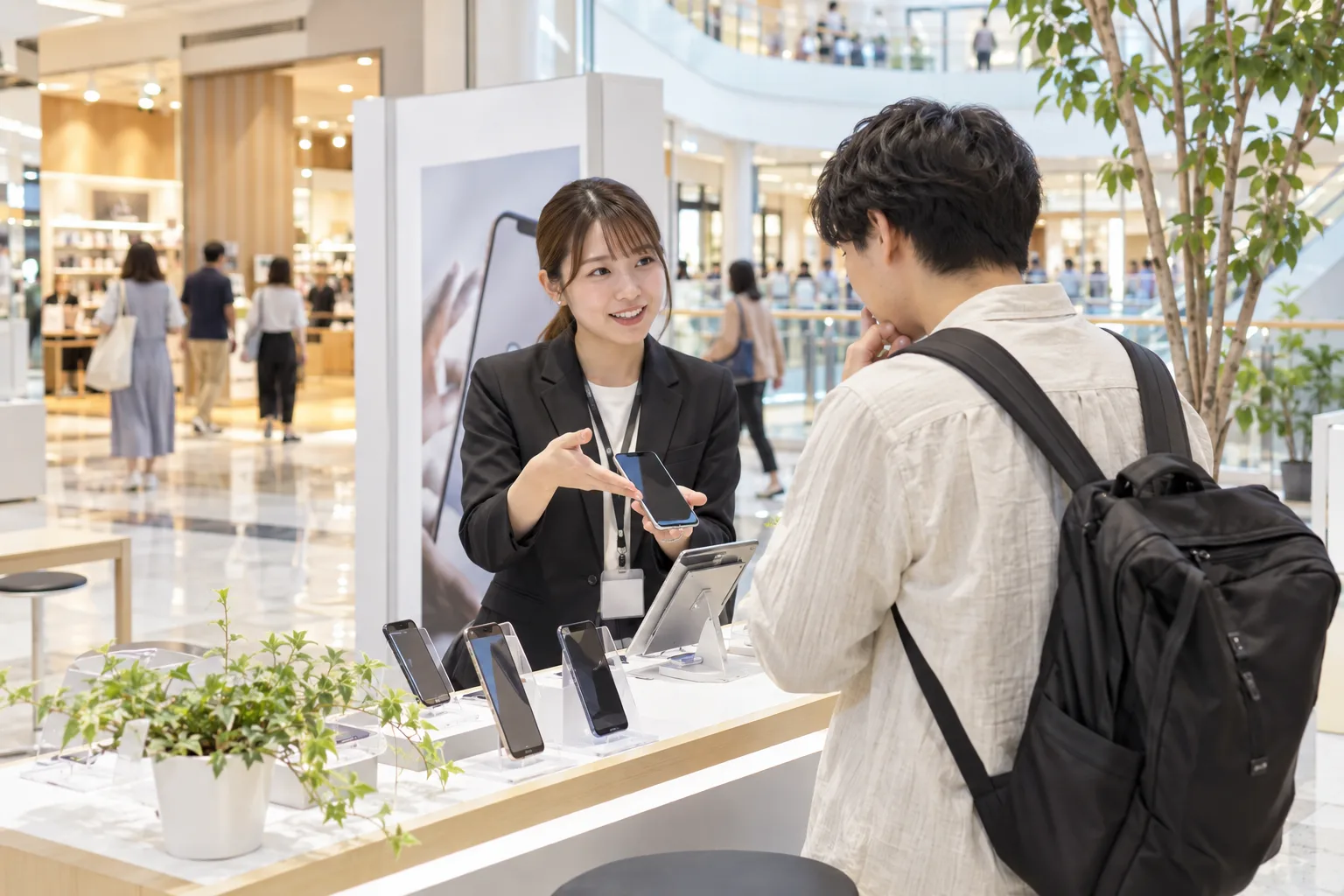 商業施設の携帯販売ブースでお客様に説明するスタッフ